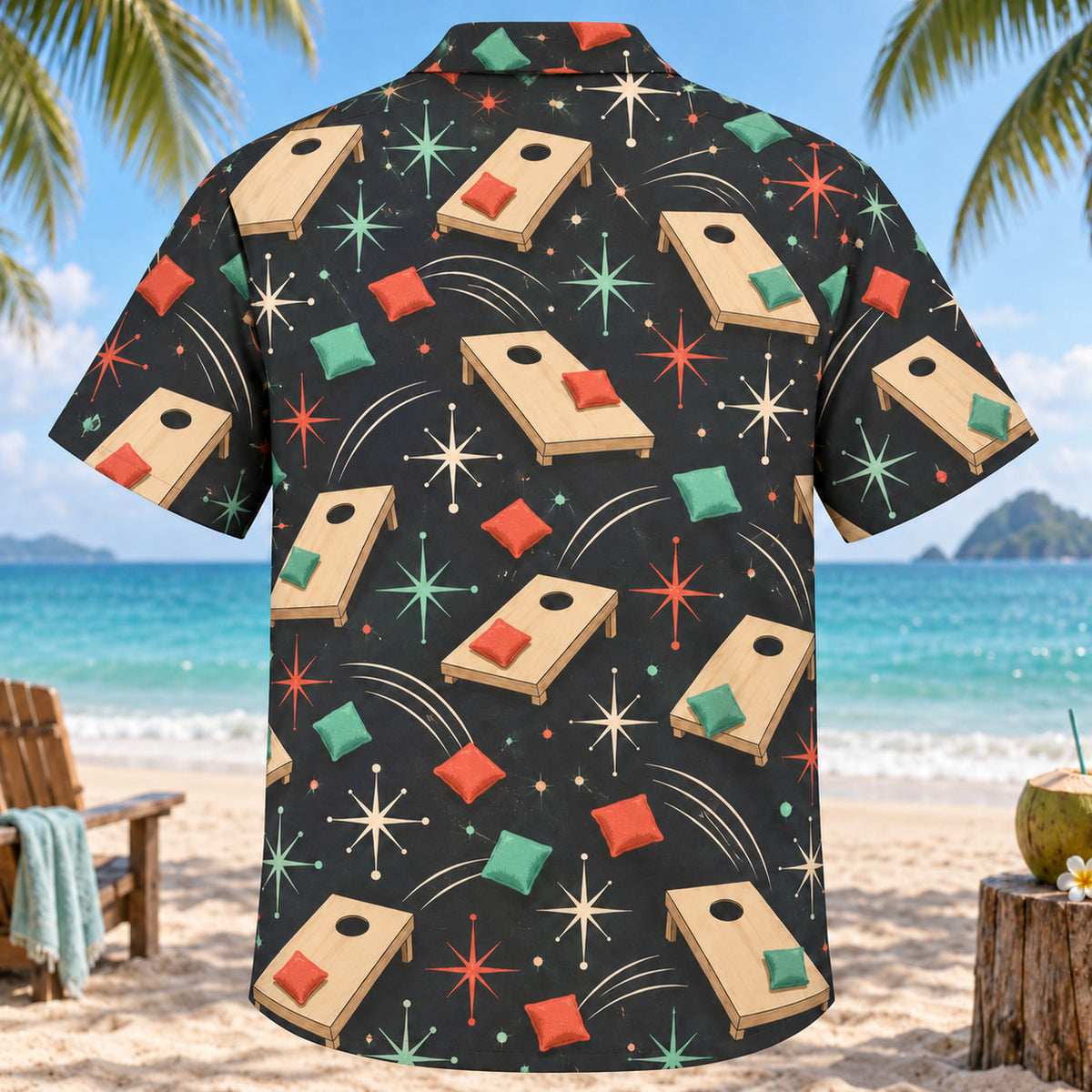 Back view of Atomic Motion Cornhole Hawaiian Shirt with matching cornhole artwork in charcoal, mint, coral, ivory
