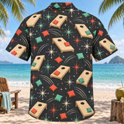 Back view of Atomic Motion Cornhole Hawaiian Shirt with matching cornhole artwork in charcoal, mint, coral, ivory
