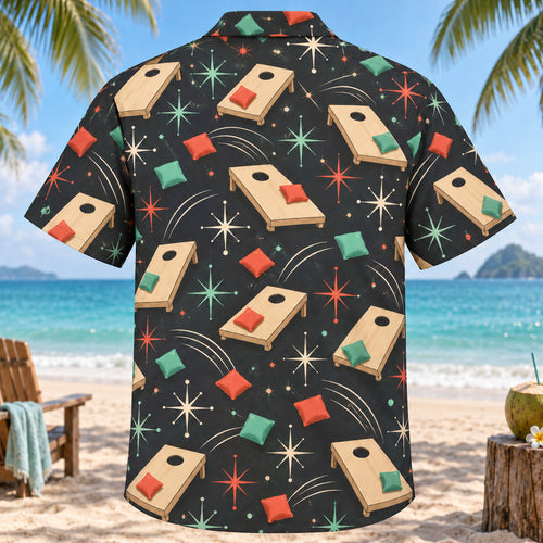 Back view of Atomic Motion Cornhole Hawaiian Shirt with matching cornhole artwork in charcoal, mint, coral, ivory