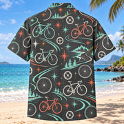 Back view of Atomic Motion Cycling Hawaiian Shirt with matching cycling artwork in charcoal, mint, coral, ivory
