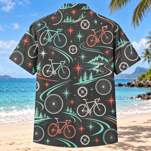 Back view of Atomic Motion Cycling Hawaiian Shirt with matching cycling artwork in charcoal, mint, coral, ivory