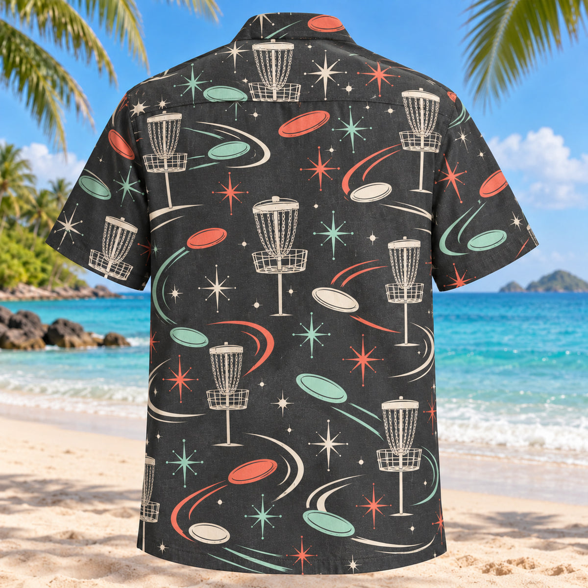 Back view of Atomic Motion Disc Golf Hawaiian Shirt with matching disc golf artwork in charcoal, mint, coral, ivory