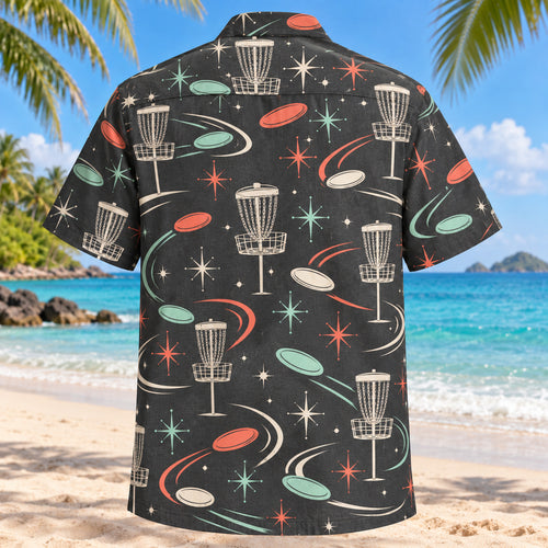 Back view of Atomic Motion Disc Golf Hawaiian Shirt with matching disc golf artwork in charcoal, mint, coral, ivory