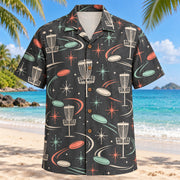 Front view of Atomic Motion Disc Golf Hawaiian Shirt with original atomic starbursts and curved motion paths around disc golf chain baskets, plain flying discs and curved flight trails