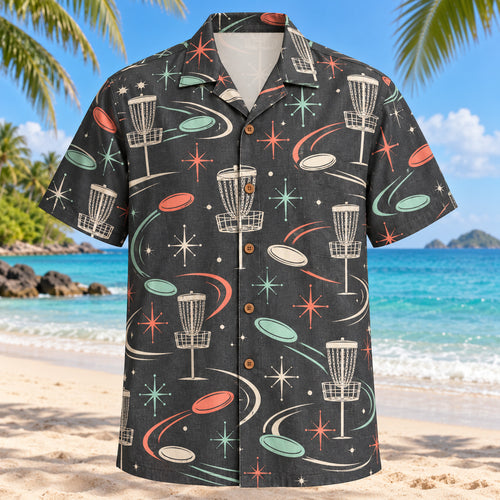 Front view of Atomic Motion Disc Golf Hawaiian Shirt with original atomic starbursts and curved motion paths around disc golf chain baskets, plain flying discs and curved flight trails