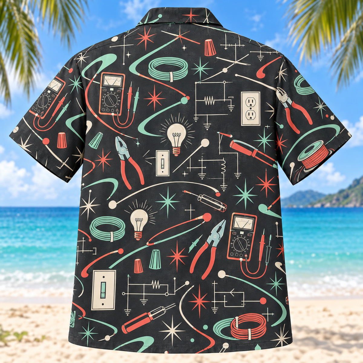Back view of Atomic Motion Electrician Hawaiian Shirt with matching electrician artwork in charcoal, mint, coral, ivory