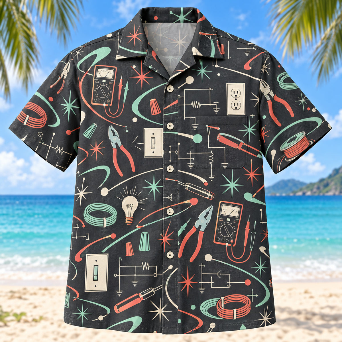 Front view of Atomic Motion Electrician Hawaiian Shirt with original atomic starbursts and curved motion paths around accurate pliers, wire, multimeters and original electrical diagrams
