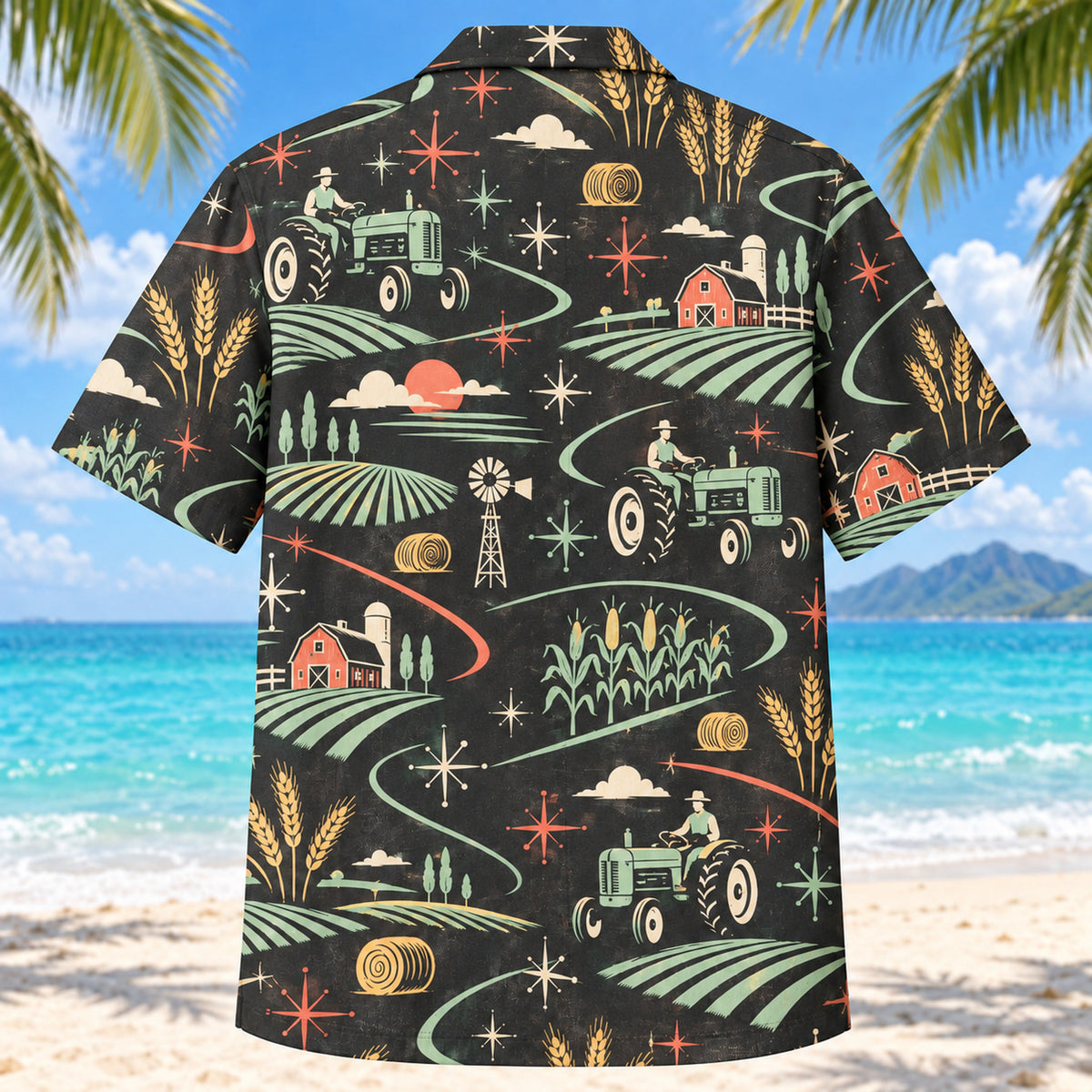 Back view of Atomic Motion Farmer and Tractor Hawaiian Shirt with matching farmer and tractor artwork in charcoal, mint, coral, ivory