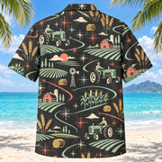 Back view of Atomic Motion Farmer and Tractor Hawaiian Shirt with matching farmer and tractor artwork in charcoal, mint, coral, ivory