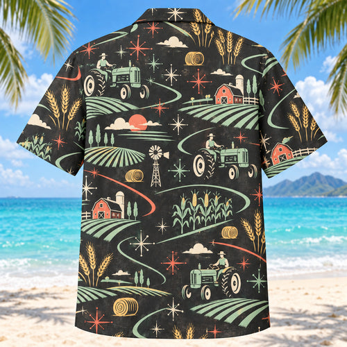 Back view of Atomic Motion Farmer and Tractor Hawaiian Shirt with matching farmer and tractor artwork in charcoal, mint, coral, ivory