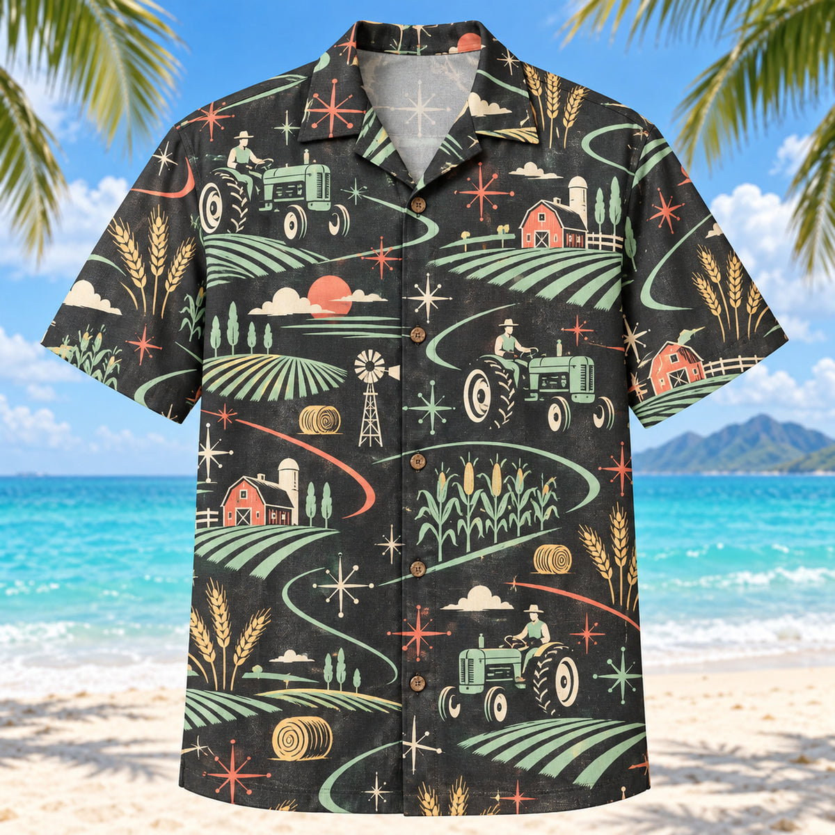 Front view of Atomic Motion Farmer and Tractor Hawaiian Shirt with original atomic starbursts and curved motion paths around generic tractors, fields, wheat, barns and crops