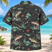 Back view of Atomic Motion Freshwater Fishing Hawaiian Shirt with matching freshwater fishing artwork in charcoal, mint, coral, ivory