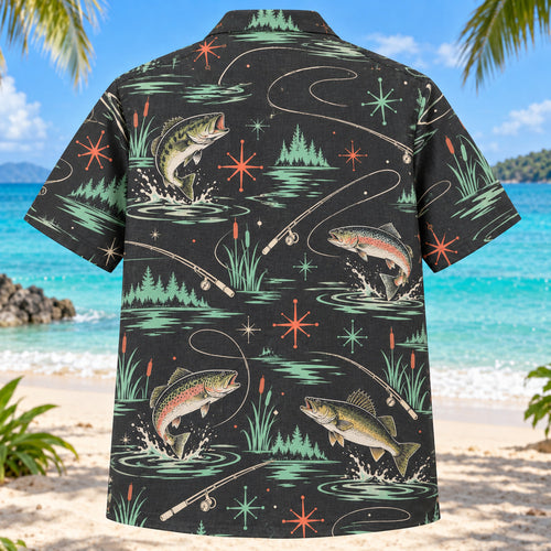Back view of Atomic Motion Freshwater Fishing Hawaiian Shirt with matching freshwater fishing artwork in charcoal, mint, coral, ivory