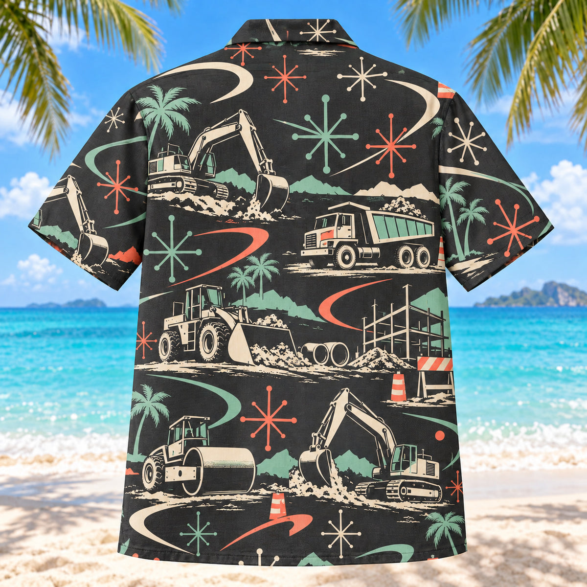 Back view of Atomic Motion Heavy Equipment Operator Hawaiian Shirt with matching heavy equipment operator artwork in charcoal, mint, coral, ivory
