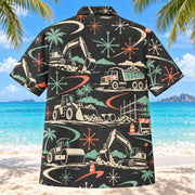 Back view of Atomic Motion Heavy Equipment Operator Hawaiian Shirt with matching heavy equipment operator artwork in charcoal, mint, coral, ivory