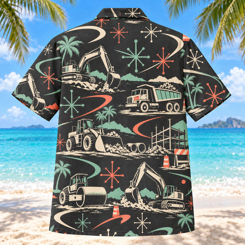 Back view of Atomic Motion Heavy Equipment Operator Hawaiian Shirt with matching heavy equipment operator artwork in charcoal, mint, coral, ivory