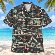 Front view of Atomic Motion Heavy Equipment Operator Hawaiian Shirt with original atomic starbursts and curved motion paths around generic excavators, rollers, buckets and original construction scenes