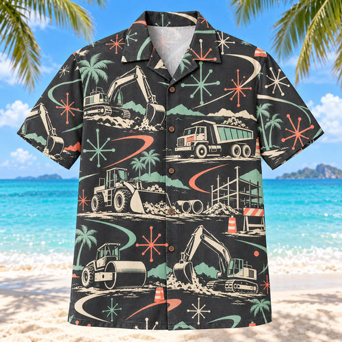 Front view of Atomic Motion Heavy Equipment Operator Hawaiian Shirt with original atomic starbursts and curved motion paths around generic excavators, rollers, buckets and original construction scenes
