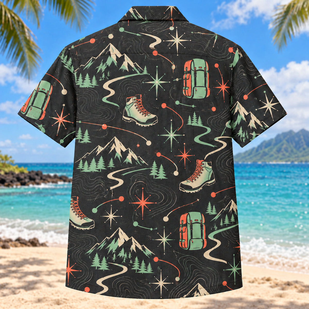 Back view of Atomic Motion Hiking and Backpacking Hawaiian Shirt with matching hiking and backpacking artwork in charcoal, mint, coral, ivory
