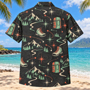 Back view of Atomic Motion Hiking and Backpacking Hawaiian Shirt with matching hiking and backpacking artwork in charcoal, mint, coral, ivory