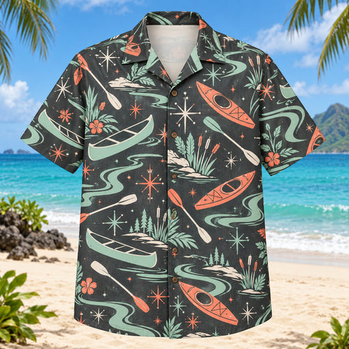 Front view of Atomic Motion Kayak and Canoe Hawaiian Shirt with original atomic starbursts and curved motion paths around plain kayaks, canoes, paddles, river bends and bankside plants
