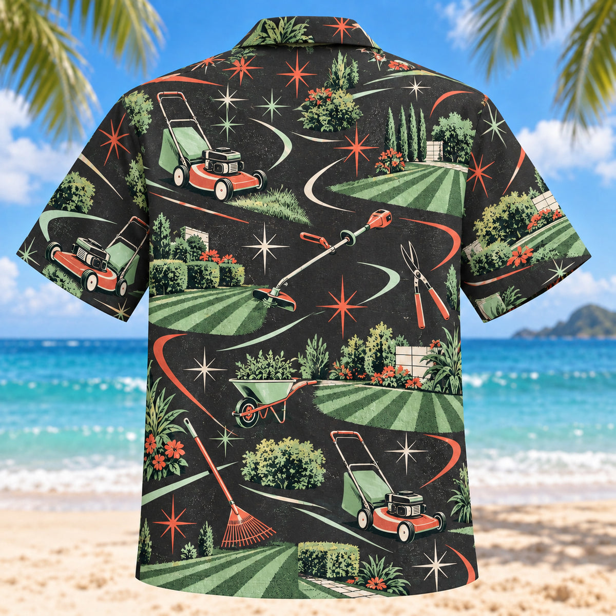 Back view of Atomic Motion Landscaper Hawaiian Shirt with matching landscaper artwork in charcoal, mint, coral, ivory