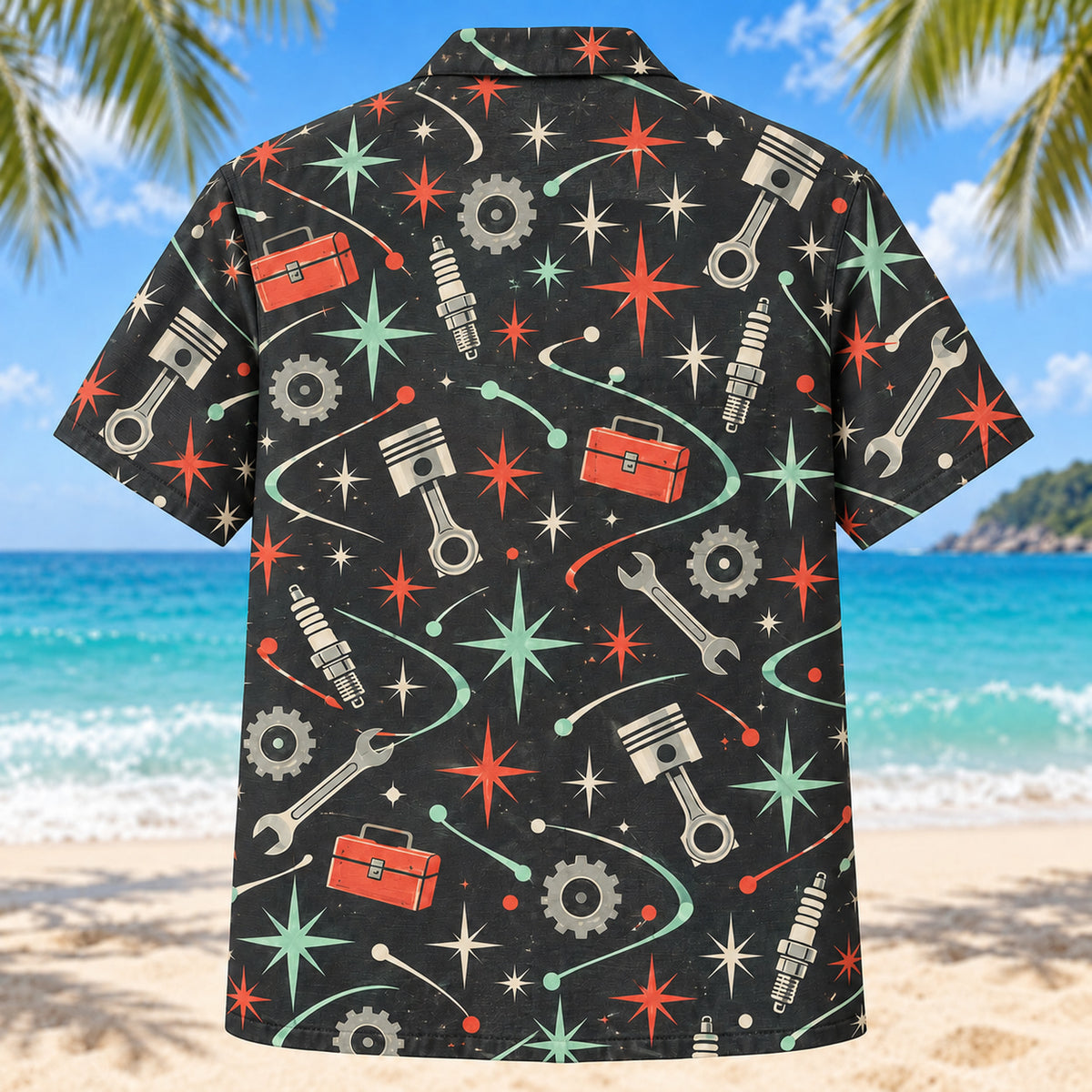 Back view of Atomic Motion Mechanic Hawaiian Shirt with matching mechanic artwork in charcoal, mint, coral, ivory