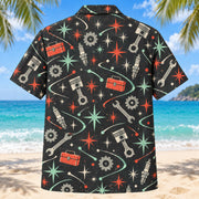 Back view of Atomic Motion Mechanic Hawaiian Shirt with matching mechanic artwork in charcoal, mint, coral, ivory