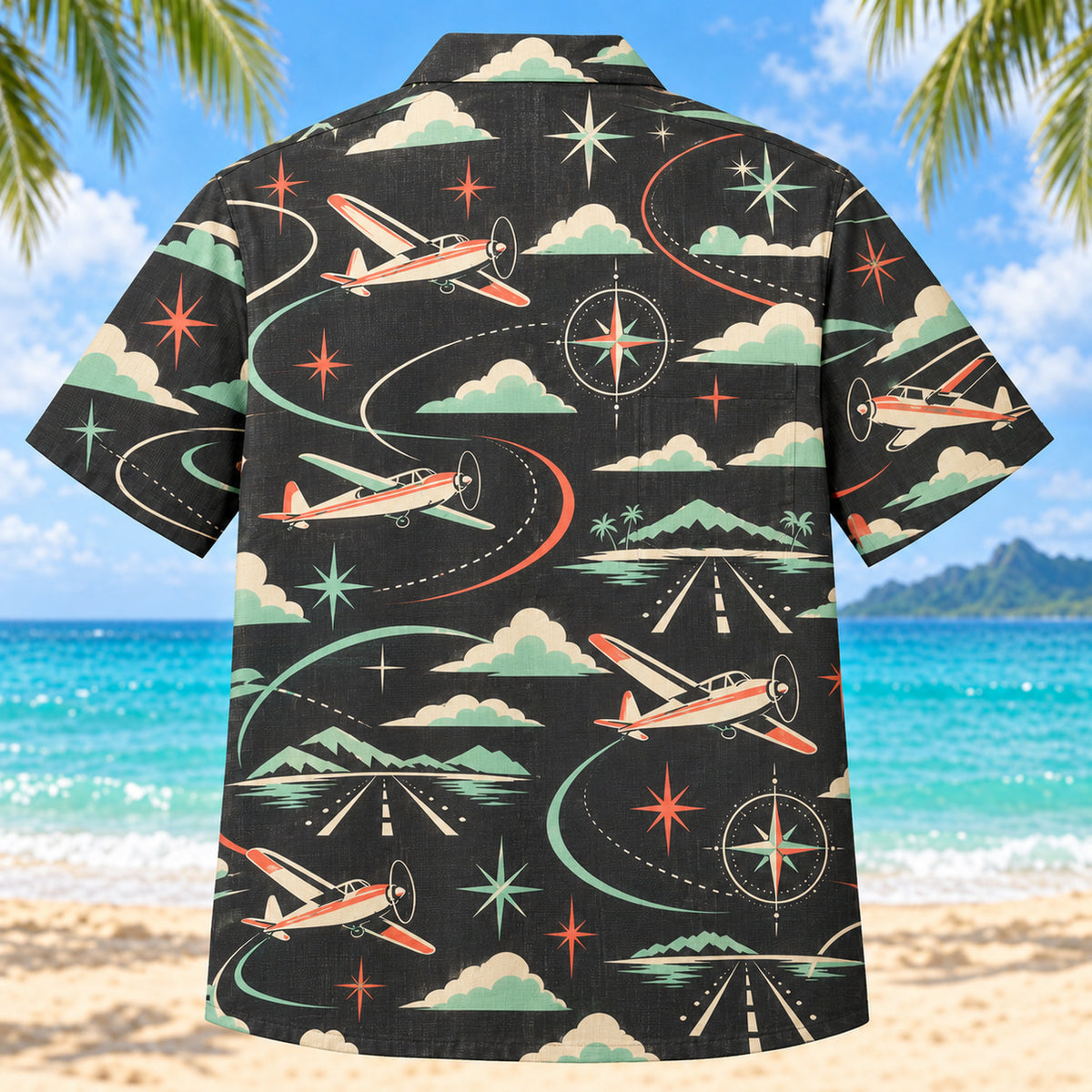 Back view of Atomic Motion Pilot and Aviation Hawaiian Shirt with matching pilot and aviation artwork in charcoal, mint, coral, ivory