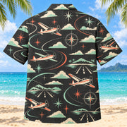 Back view of Atomic Motion Pilot and Aviation Hawaiian Shirt with matching pilot and aviation artwork in charcoal, mint, coral, ivory