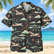 Front view of Atomic Motion Pilot and Aviation Hawaiian Shirt with original atomic starbursts and curved motion paths around unbranded civilian propeller planes, imaginary flight paths, clouds, compasses and runways