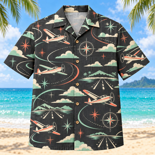 Front view of Atomic Motion Pilot and Aviation Hawaiian Shirt with original atomic starbursts and curved motion paths around unbranded civilian propeller planes, imaginary flight paths, clouds, compasses and runways