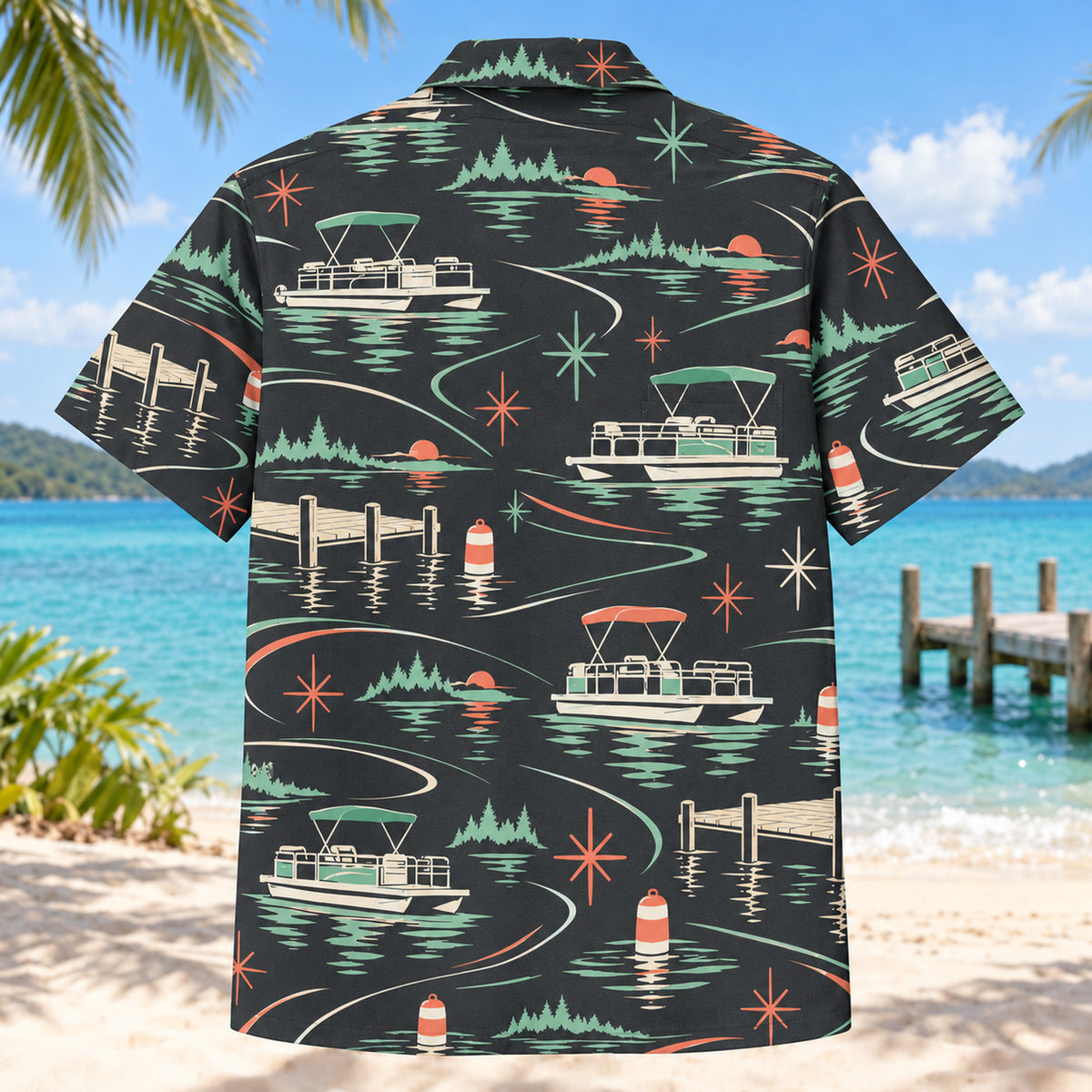 Back view of Atomic Motion Pontoon Boating Hawaiian Shirt with matching pontoon boating artwork in charcoal, mint, coral, ivory