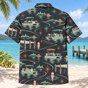 Back view of Atomic Motion Pontoon Boating Hawaiian Shirt with matching pontoon boating artwork in charcoal, mint, coral, ivory
