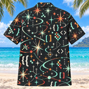 Back view of Atomic Motion Programmer Hawaiian Shirt with matching programmer artwork in charcoal, mint, coral, ivory
