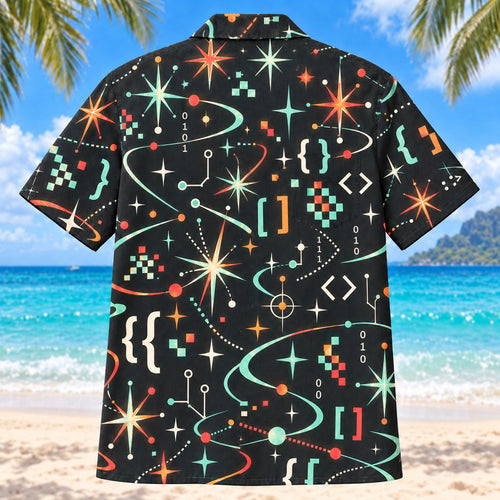 Back view of Atomic Motion Programmer Hawaiian Shirt with matching programmer artwork in charcoal, mint, coral, ivory