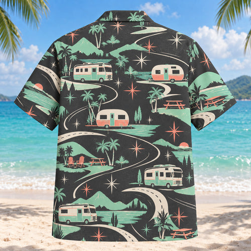 Back view of Atomic Motion RV and Travel Trailer Hawaiian Shirt with matching rv and travel trailer artwork in charcoal, mint, coral, ivory