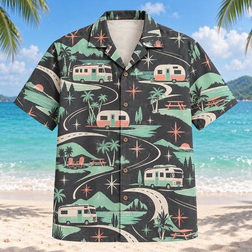 Front view of Atomic Motion RV and Travel Trailer Hawaiian Shirt with original atomic starbursts and curved motion paths around imaginary RVs and travel trailers, open roads, hills and picnic furniture