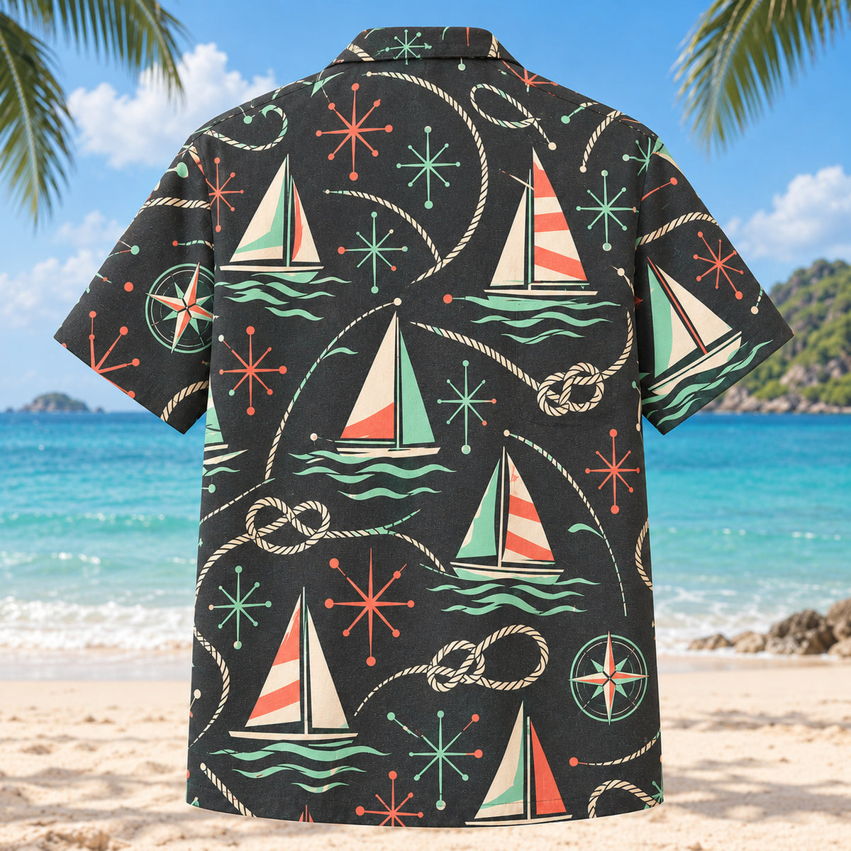 Back view of Atomic Motion Sailing Hawaiian Shirt with matching sailing artwork in charcoal, mint, coral, ivory