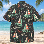 Back view of Atomic Motion Sailing Hawaiian Shirt with matching sailing artwork in charcoal, mint, coral, ivory