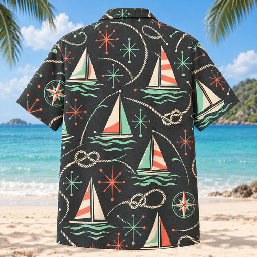 Back view of Atomic Motion Sailing Hawaiian Shirt with matching sailing artwork in charcoal, mint, coral, ivory