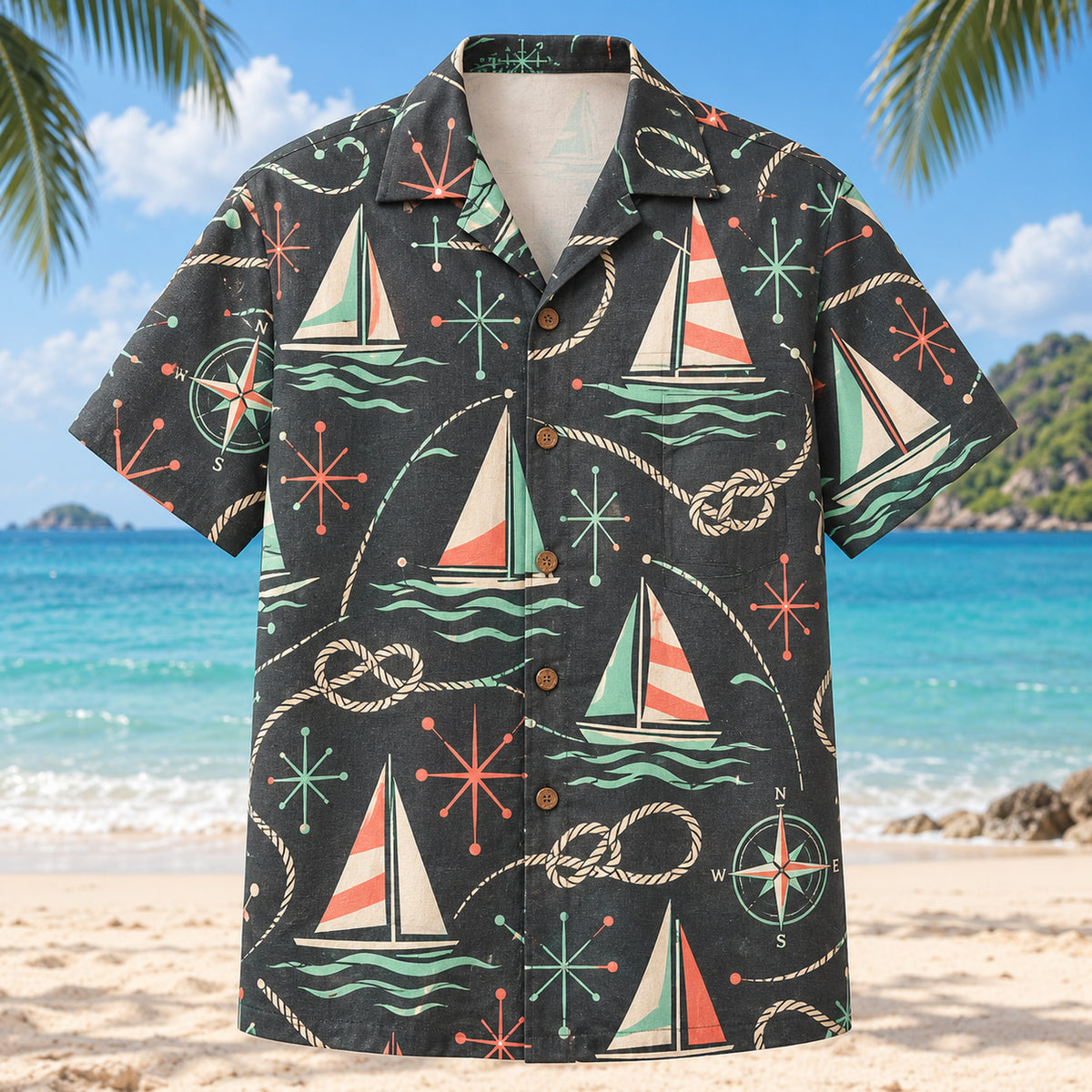 Front view of Atomic Motion Sailing Hawaiian Shirt with original atomic starbursts and curved motion paths around imaginary sailboats, knots, compasses and wave forms
