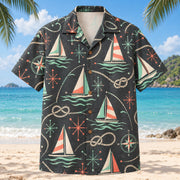 Front view of Atomic Motion Sailing Hawaiian Shirt with original atomic starbursts and curved motion paths around imaginary sailboats, knots, compasses and wave forms