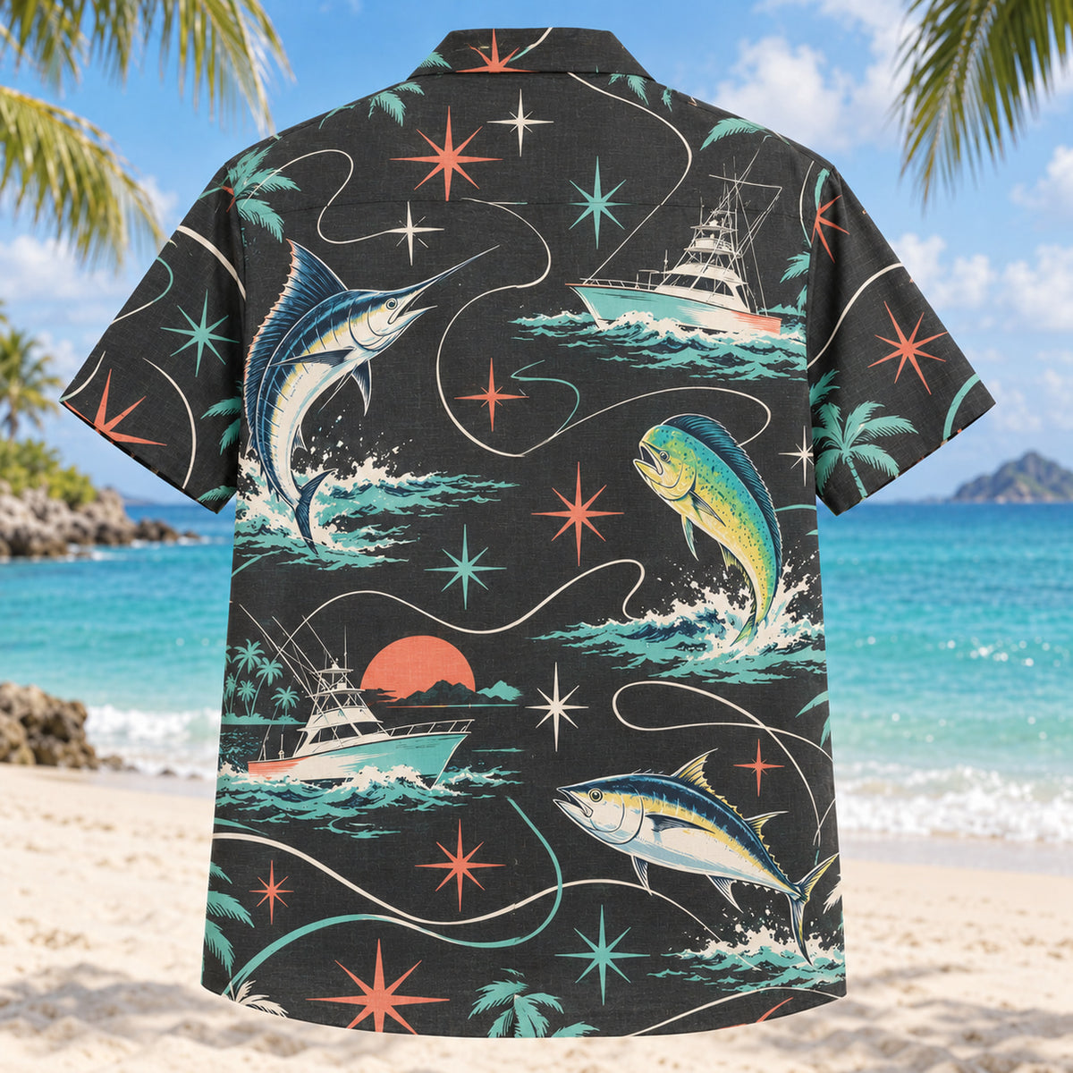 Back view of Atomic Motion Saltwater Fishing Hawaiian Shirt with matching saltwater fishing artwork in charcoal, mint, coral, ivory