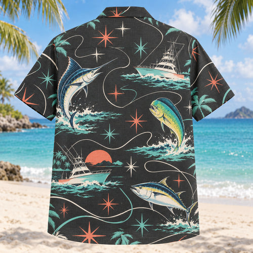 Back view of Atomic Motion Saltwater Fishing Hawaiian Shirt with matching saltwater fishing artwork in charcoal, mint, coral, ivory