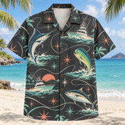 Front view of Atomic Motion Saltwater Fishing Hawaiian Shirt with original atomic starbursts and curved motion paths around original marlin, tuna and mahi-mahi silhouettes, fishing lines and imaginary offshore boats