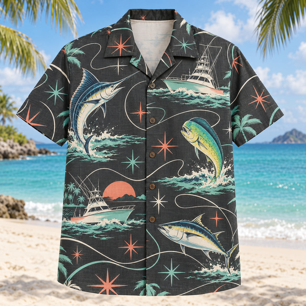 Front view of Atomic Motion Saltwater Fishing Hawaiian Shirt with original atomic starbursts and curved motion paths around original marlin, tuna and mahi-mahi silhouettes, fishing lines and imaginary offshore boats