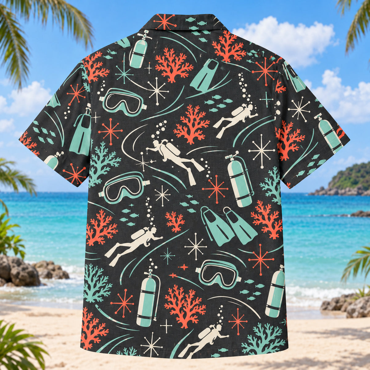 Back view of Atomic Motion Scuba Diving Hawaiian Shirt with matching scuba diving artwork in charcoal, mint, coral, ivory