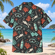 Back view of Atomic Motion Scuba Diving Hawaiian Shirt with matching scuba diving artwork in charcoal, mint, coral, ivory