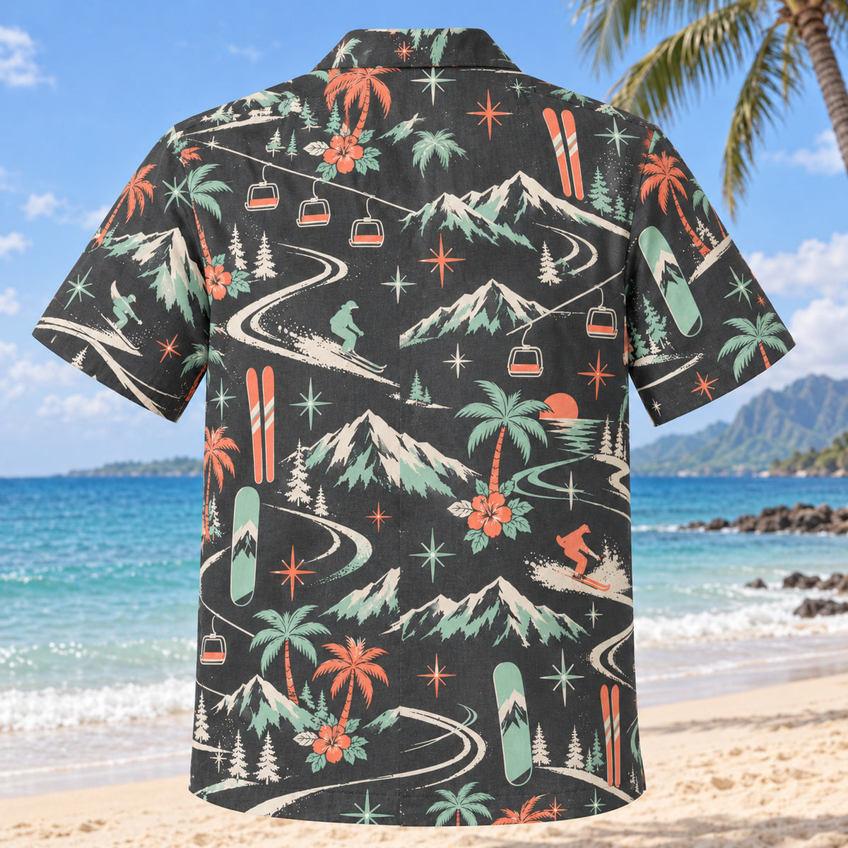 Back view of Atomic Motion Ski and Snowboard Hawaiian Shirt with matching ski and snowboard artwork in charcoal, mint, coral, ivory